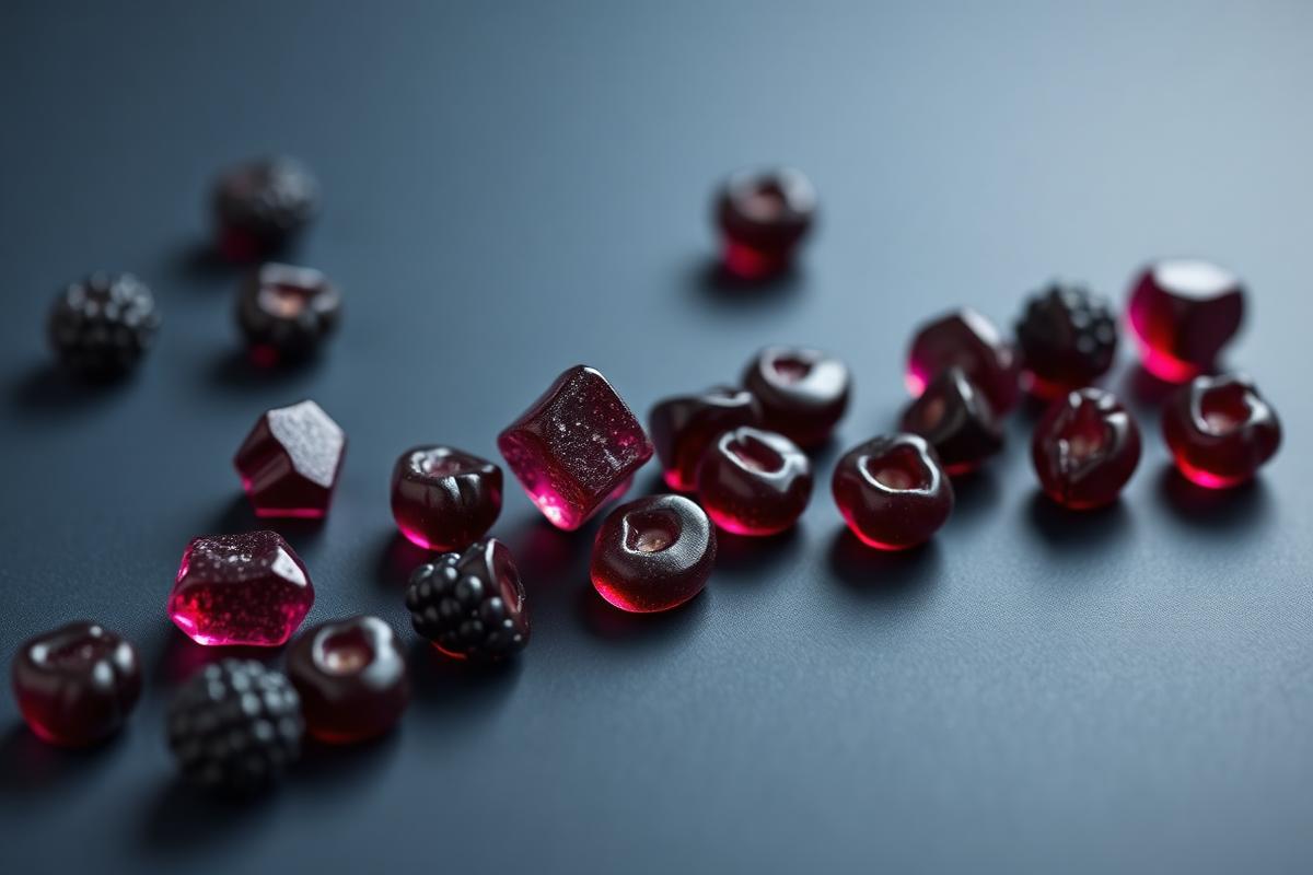 Close-up of dark berry Nurospark gummies with fresh aronia berries
