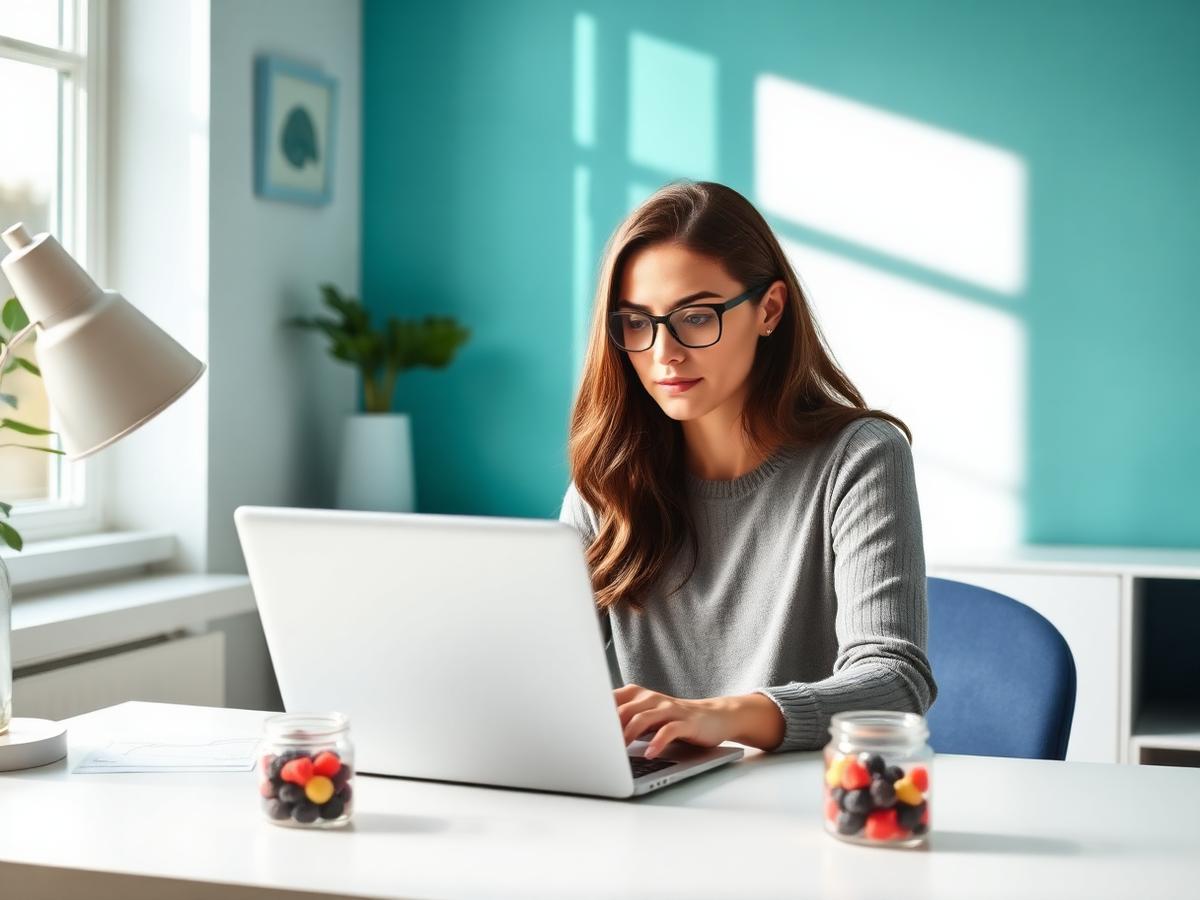 A woman working with focus at a bright desk beside a jar of gummies